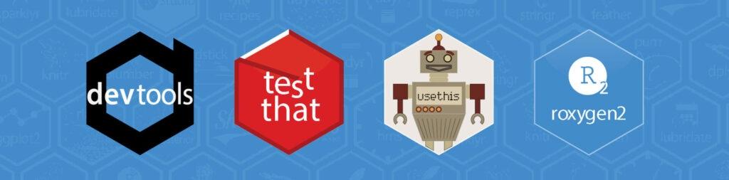 R Infrastructure Tools (r-lib) hex logos on blue background