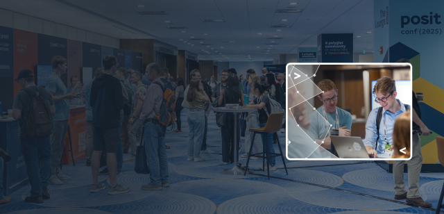 A wide-angle shot of a busy convention hall at posit::conf(2025), showing attendees networking and walking between exhibitor booths. The background is slightly darkened to highlight a bright, floating inset image in the foreground. This inset features two data scientists huddled over a laptop, smiling and collaborating at a table. The hall features blue patterned carpeting and large pillars with "Posit" and "A polyglot community" branding.