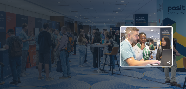A blue-tinted background image of a conference hall with a bright inset showing a diverse group of people collaborating on a laptop.