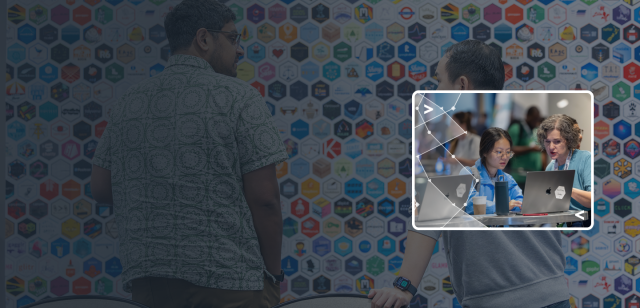 A blue-tinted background of people at a tech conference wall overlaid with a bright inset photo of two women collaborating on laptops.