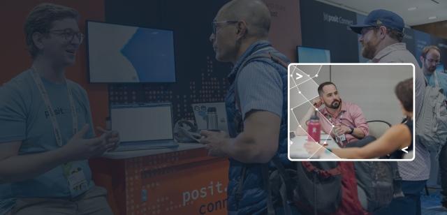 Blue-tinted background of a conference booth interaction with a bright inset photo of two people in a deep discussion.