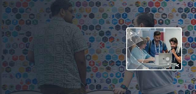 A blue-tinted background of people at a tech conference wall overlaid with a bright inset photo of two women collaborating on laptops.