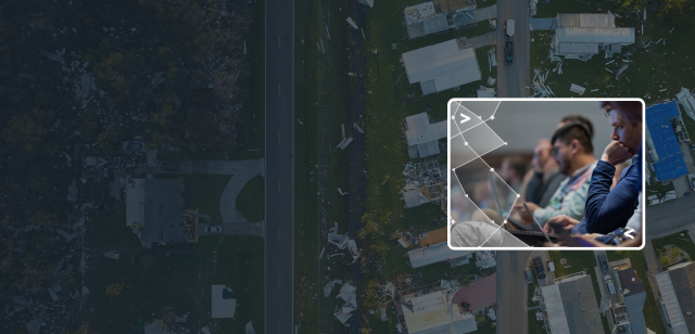 A blue-tinted aerial background of storm damage with a bright inset photo of a focused group of people working on laptops.