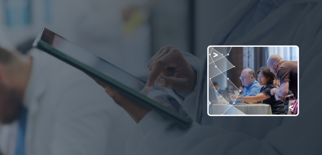 A blue-tinted background of a scientist using a tablet with a bright inset photo showing a team of three people collaborating on a laptop.