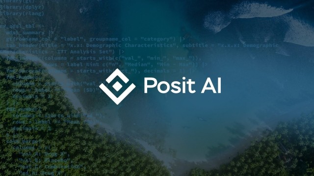 Posit AI logo on a background of code overlayed on a photo of the ocean