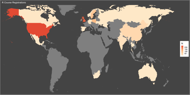 A map showing R course registrations with the U.S. as the highest value.