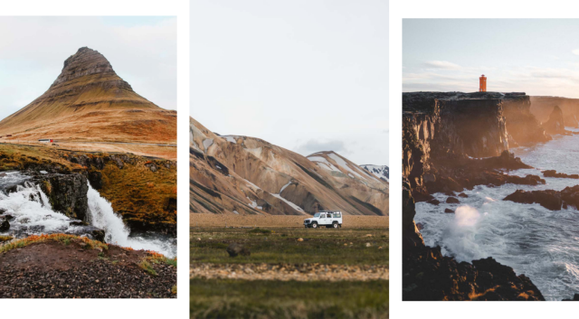 A collage of photos of iceland's mountains and cliffs on the coast