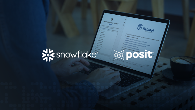 Snowflake and Posit logos overlaid on a blue-tinted image of a person using the Positron Assistant AI interface on a laptop.