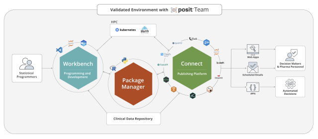 A workflow diagram titled "Validated Environment with Posit Team" illustrating a pharmaceutical data science pipeline. The process flows from Statistical Programmers using a "Workbench" for development, through a "Package Manager" for R and Python libraries, to a "Connect" publishing platform. The final output includes Web Apps, Scheduled Emails, and APIs delivered to Decision Makers and Automated Decision systems.
