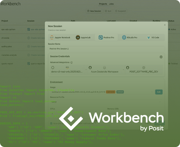 The 'Workbench by Posit' logo overlaid on a green-tinted background showing a new session configuration screen and Python code.