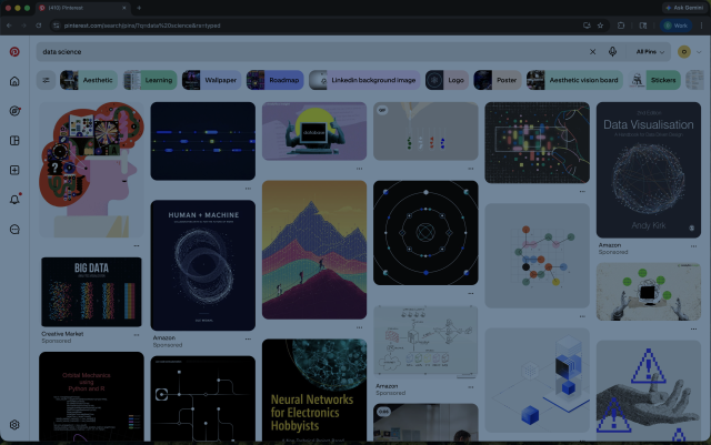 A blue-tinted screenshot of Pinterest search results for 'data science,' showcasing a grid of various educational and artistic pins.