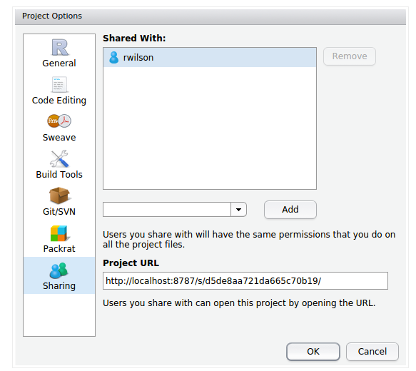 A screenshot of the 'Project Sharing' tab in Posit Workbench, demonstrating how research analysts collaborate on shared code and infrastructure.
