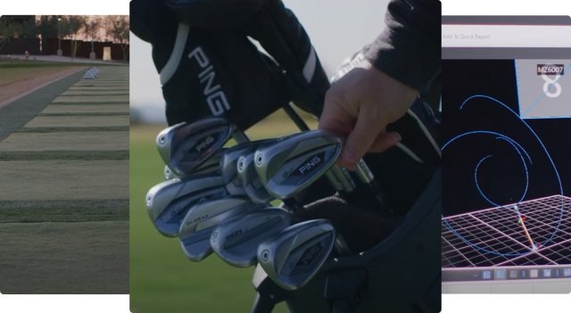 A photo collage of golf clubs, a data analytics dashboard, and a golf course 