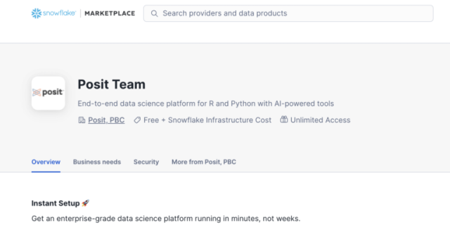 A screenshot of the Posit Team Native App dashboard showing the integration of Workbench, Connect, and Package Manager within a cloud data platform.