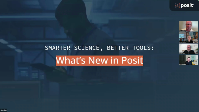 Webinar thumbnail for 'What’s New in Posit' featuring a technical background and headshots of the four presenters.