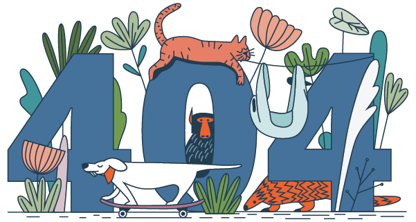 An illustration for a 404 error page featuring large, blue numbers "404" intertwined with a variety of whimsical animals and stylized plants.