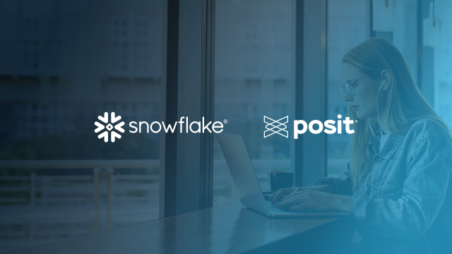 Snowflake and Posit logos overlaid on a blue-tinted image of a woman working on a laptop near a large window.