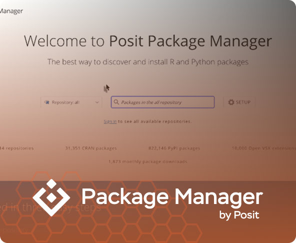 The 'Package Manager by Posit' logo overlaid on a copper-tinted background showing the product's web interface for discovering R and Python packages.