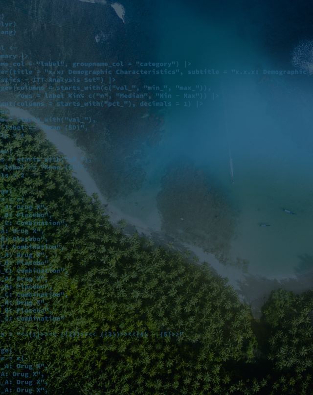 A blue-tinted aerial view of a tropical beach and forest with data analysis code overlaid in the corner.