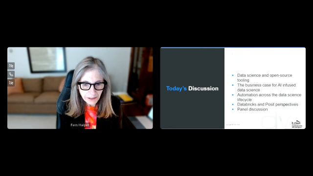 Webinar screenshot featuring presenter Fern Halper alongside a slide outlining the agenda for a discussion on AI-infused data science and open-source tooling.