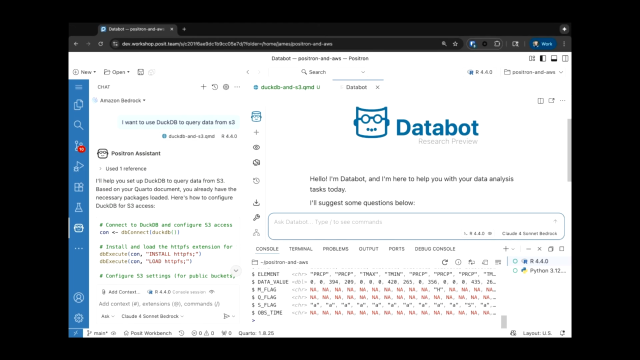 Screenshot of the Positron IDE featuring Databot, showing an AI assistant generating R code for DuckDB and S3 integration alongside a data console.