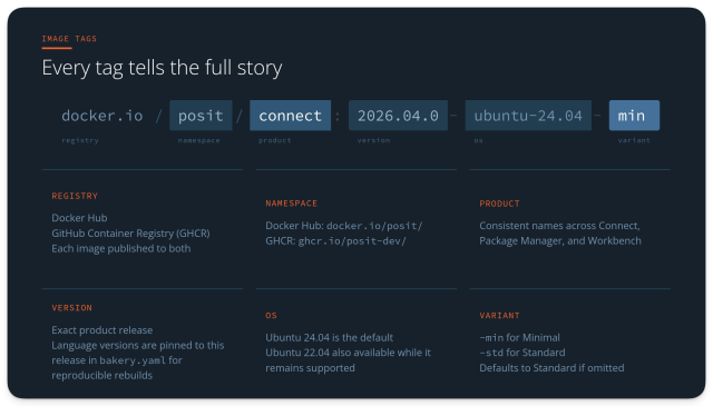 Diagram titled "Every tag tells the full story" breaking down the full Docker image reference docker.io/posit/connect:2026.04.0-ubuntu-24.04-min into six labeled components — registry, namespace, product, version, OS, and variant — with a description of each component and its allowed values.