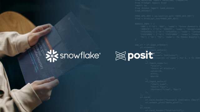 Person holding a Posit/Snowflake ebook titled 'Modern Data & AI, governed inside your Snowflake boundary,' with code overlay.