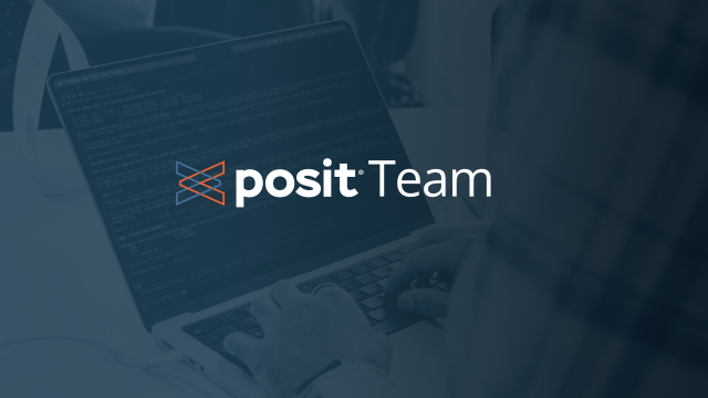 Posit Team logo over a laptop screen showing code in an editor
