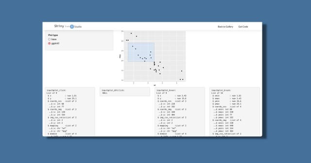 A Shiny app with a ggplot2 graphic, certain data points selected, and the app displaying the results for the selected data.