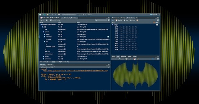 The dark theme in RStudio showing a batman logo