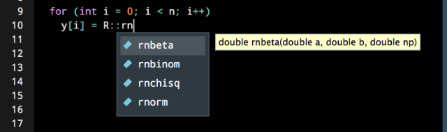 A function written in RStudio with code completion for an unfinished object and hoverover text explaining what the object is