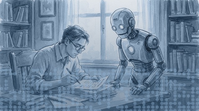 A man with glasses sits at a desk writing on a paper while a robot stands beside him, looking down at his work.