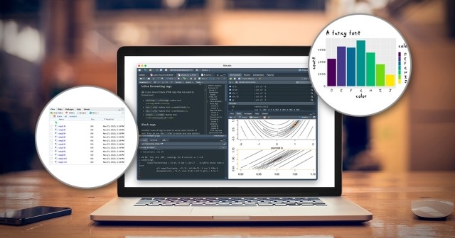 RStudio on a laptop with a various plots and tables floating around it
