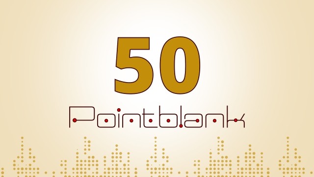 Logo with the gold number 50 above the word Pointblank in a stylized dark red font on a cream background.