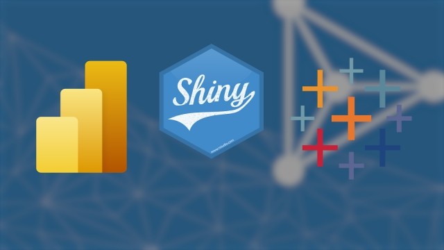 The R Shiny logo in between the Power BI logo and Tableau logo
