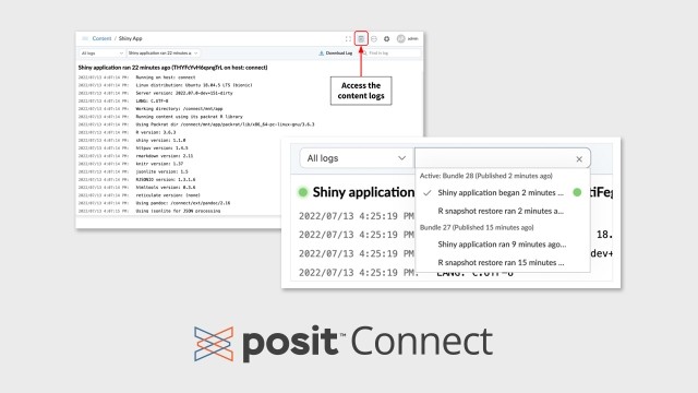 Two images of logs in Posit Connect. The Posit Connect logo is underneath.