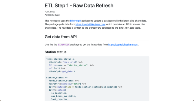 A Quarto document with the title ETL Step 1 Raw Data Refresh. The document shows the description and code