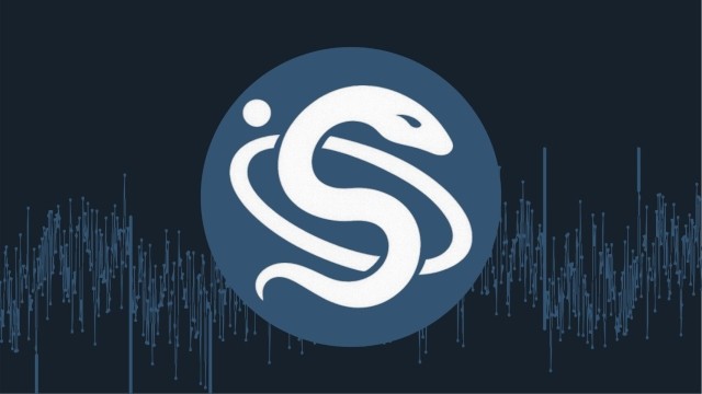 A white stylized serpent or "S" curve with a circular head and dot for an eye, is centered on a dark blue circle. Behind the circle is a dark blue background with lighter blue vertical lines of varying heights, resembling an audio waveform.