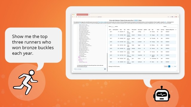 A laptop screen displays a data analysis dashboard. On the left, a text box asks, "Show me the top three runners who won bronze buckles each year." Below it, an illustration depicts a runner. The main part of the screen shows a table of "Western States Endurance Run (WSER) Data" with columns like year, overall place, time, bib, name, last name, gender, age, city, state, country, and olympic valley time. The table is filtered to show specific results, and a query box below reads, "I've filtered the dashboard