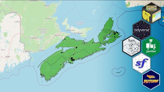 Hex stickers from the tidyverse, sf, gt, future, and furrr package on top of a map of the Nova Scotia region in Canada.