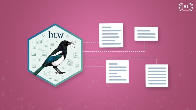 A digital illustration on a pink background with white dots. A raven with a piece of paper in its beak in a colorful hexagon covered in various graphs and doodles. Dotted lines extend from the hexagon to four white rectangular documents with horizontal lines representing text. An 'AI' icon is in the upper right corner