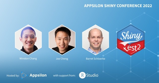 Headshots of Winston Chang, Joe Cheng, Barret Schloerke, and the shinytest2 hex sticker which is looks like a mashup of the Shiny hex and the testthat hex sticker. The text says Appsilon Shiny Conference 2022, hosted by Appsilon with support from RStudio.