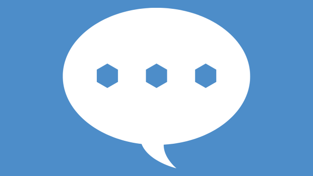 Blue background with a white speech bubble with three blue hexes as an ellipse