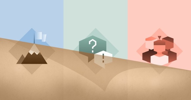 Three Academy logos of a mountain with a flag on top, a discussion bubble, and a cohort of students. Sepia color is being peeled away to show a colored set of logos.