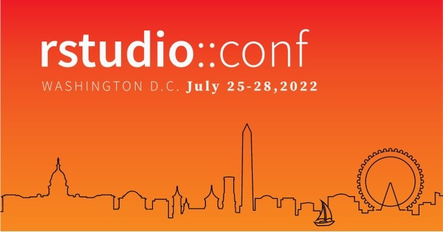 Conference logo for rstudio::conf(2022) featuring the National Harbor shoreline.
