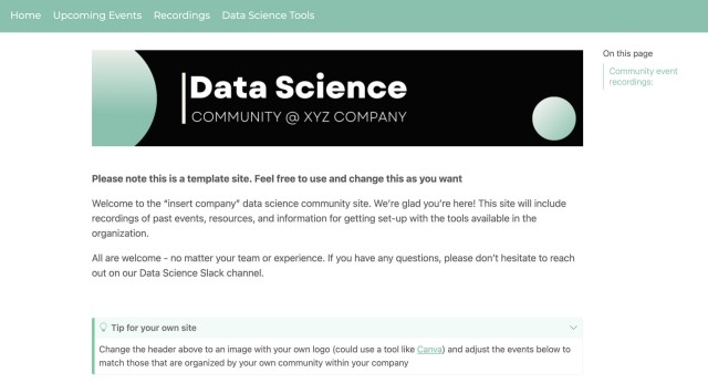 An example data science community website. Title says Data Science Community at XYZ company.