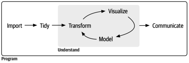 A typical R workflow of import, tidy, transform, visualize, model, then communicate. Transform, visualize, and model are in a loop.