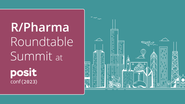 R Pharma Roundtable Summit at posit conf 2023 on a background featuring the Chicago skyline
