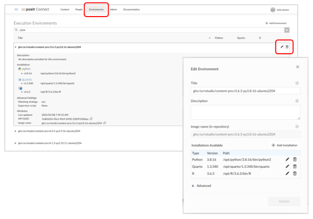 Edit environment box in Connect