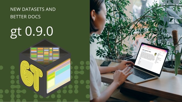 New datasets and better docs, gt 0.9.0 with the gt hex sticker. An image of a person on a laptop perusing the gt docs.